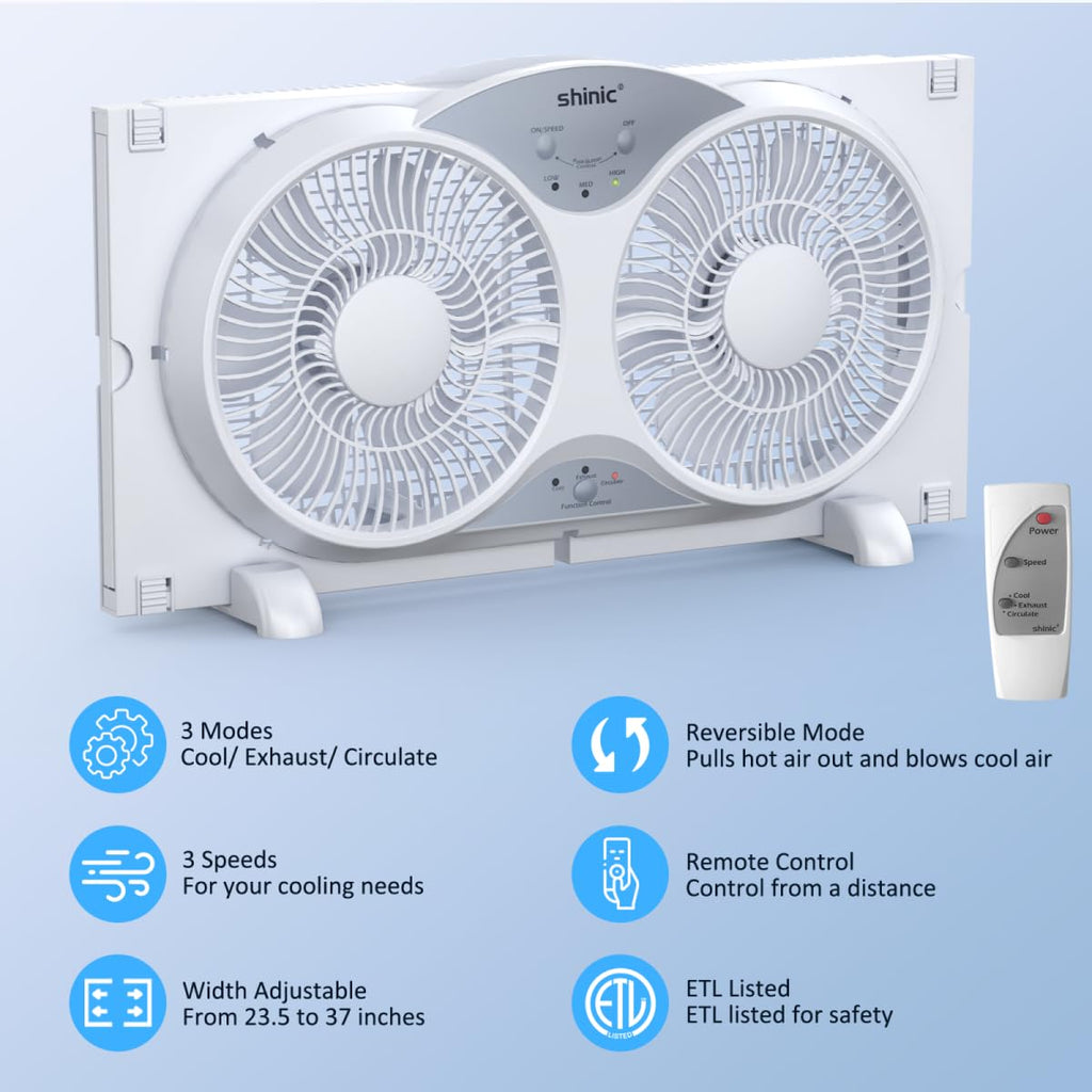 Twin Window Fan with Remote Control, Reversible, 9 inch, 3 Speed F346185