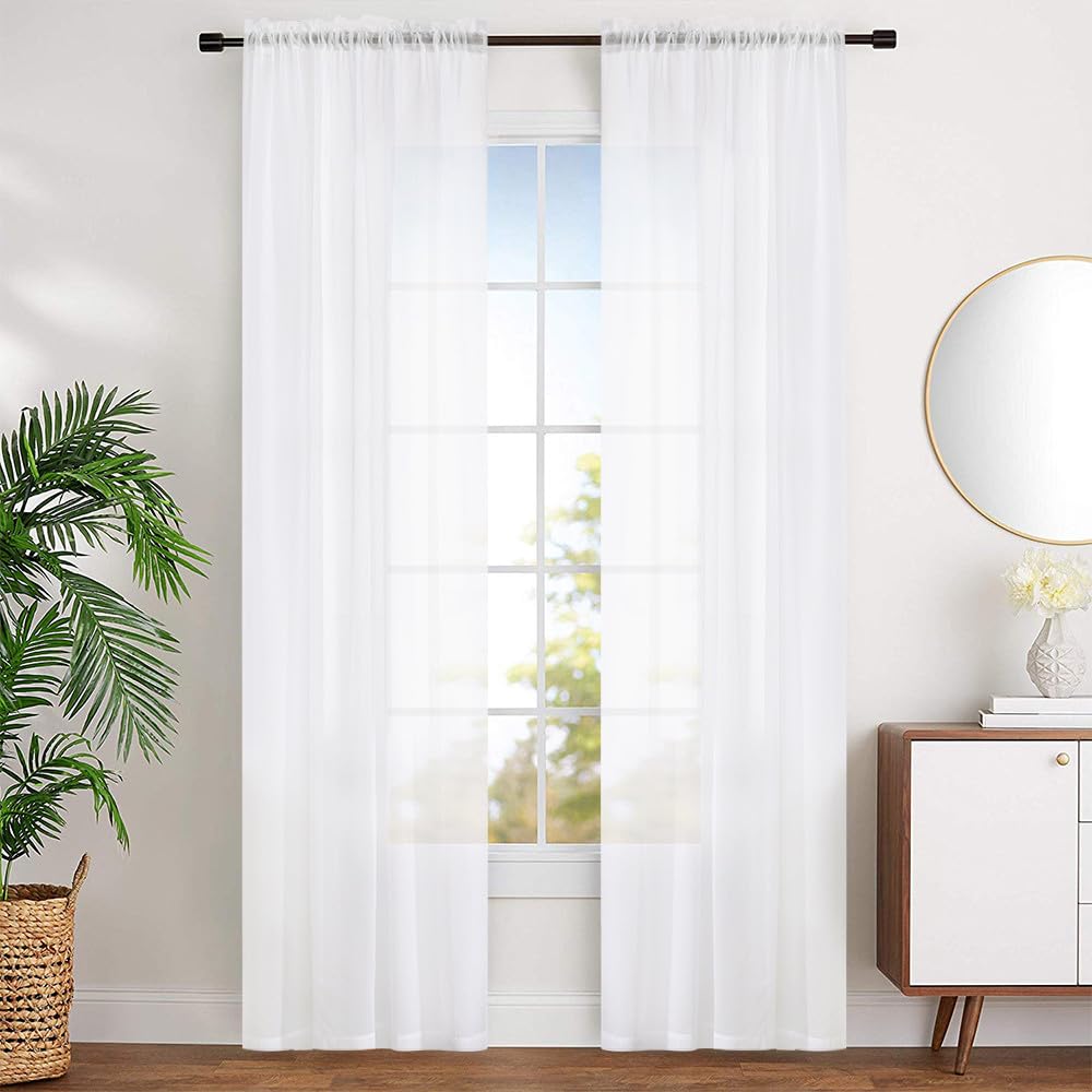 White 95 Inches Long Rod Pocket Sheer Curtains Set of 2 A165