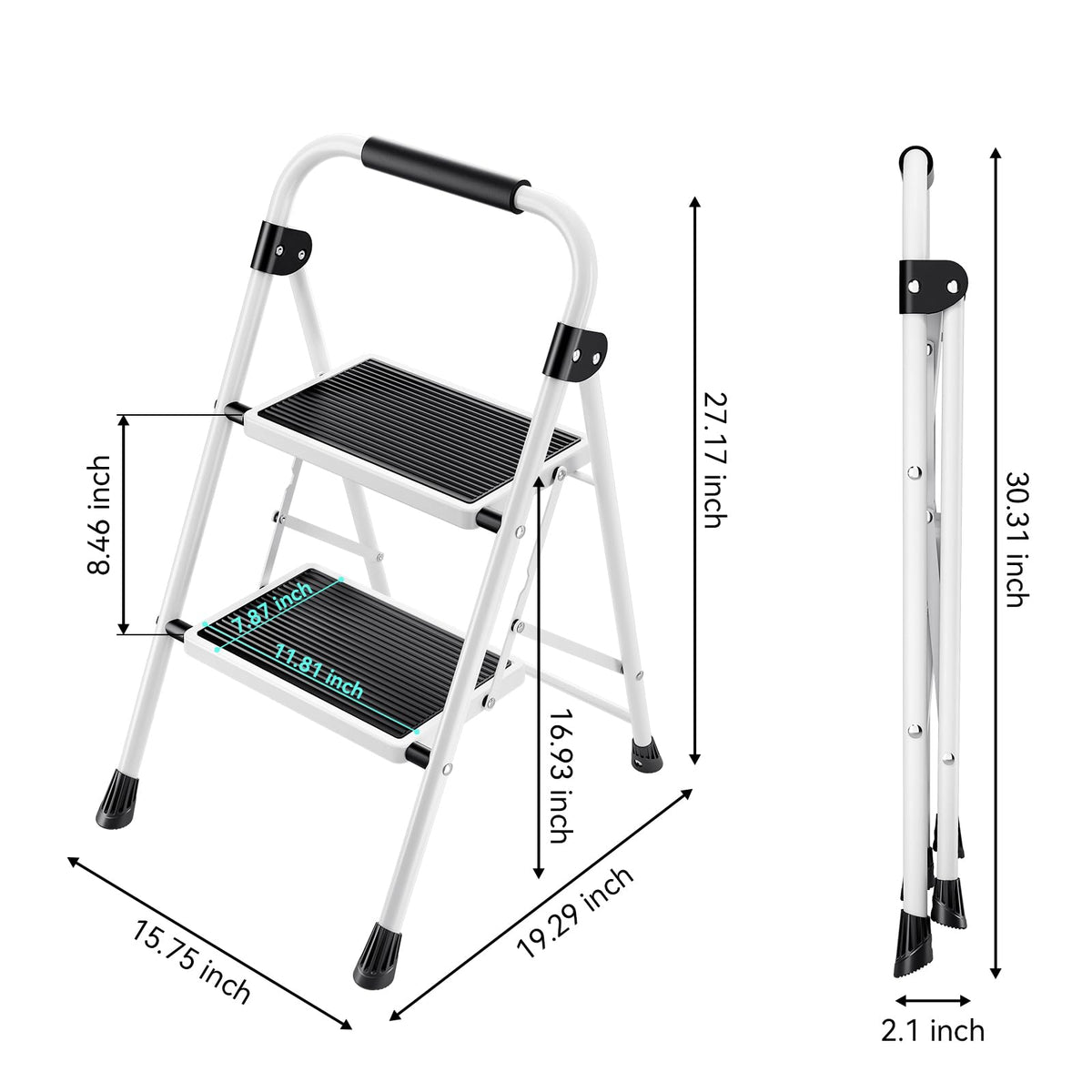 2 Step Folding Step Stool with Handrails White N3493