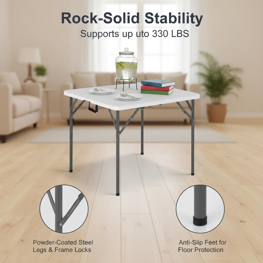 34" Folding Card Table Heavy Duty Plastic Square Table with Handle and Lock E760