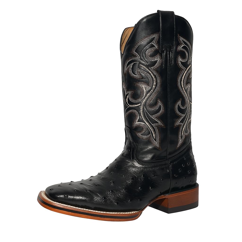 Black Leather Square Toe Western Boots R5859