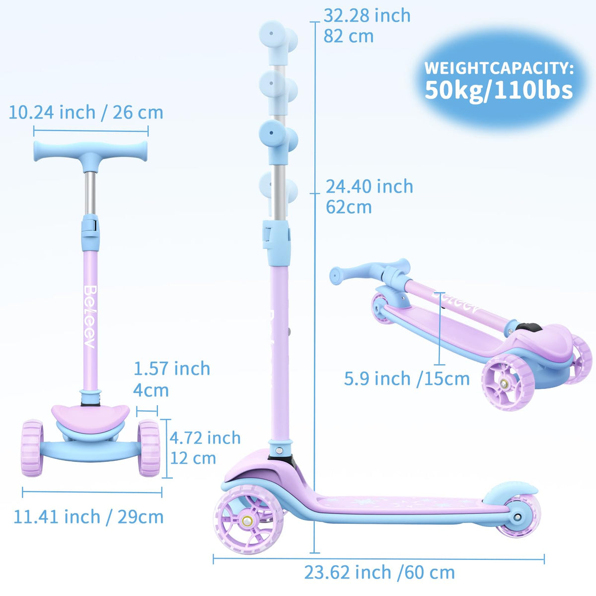 3 Wheel Folding Kick Scooter with LED Light-Up Wheels B247