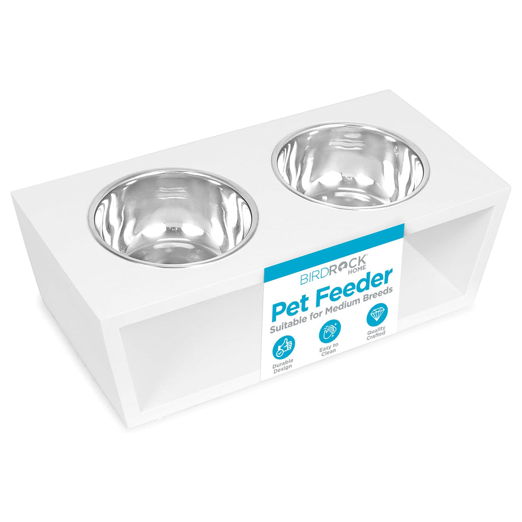 White Double Raised Pet Feeder with Stainless Steel Bowls G9662
