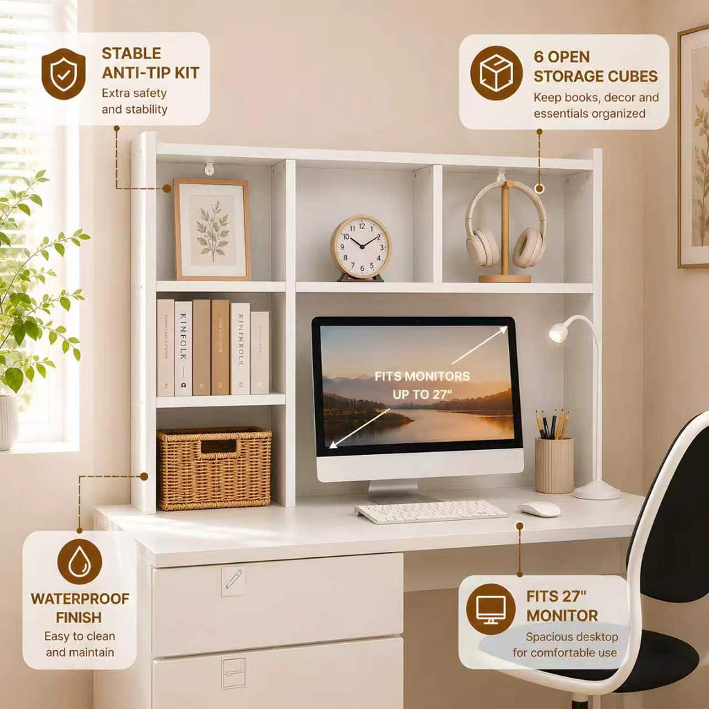 White Desk Hutch with 5 Shelves Q6745