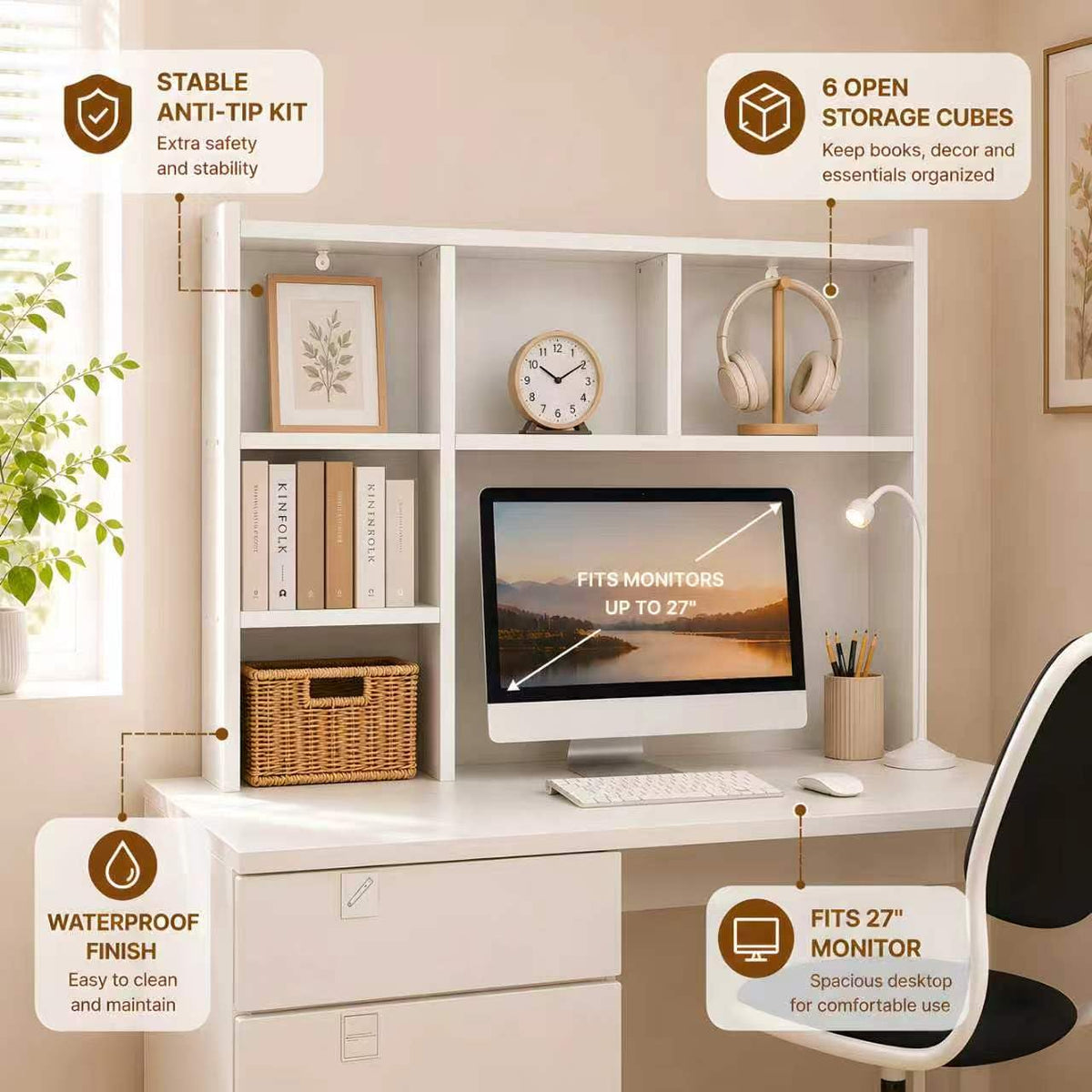 White Desk Hutch with 5 Shelves Q6745