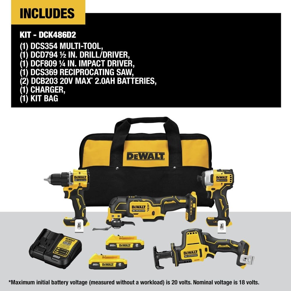 20-Volt Lithium-Ion Cordless Brushless Combo Kit 4-Tool with 2.0Ah Batteries D9321