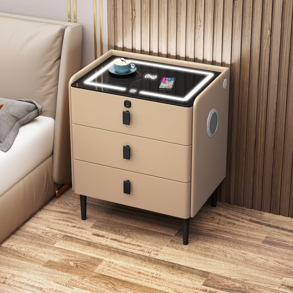 Khaki 3 Drawer Smart Nightstand with Wireless Charging E644243