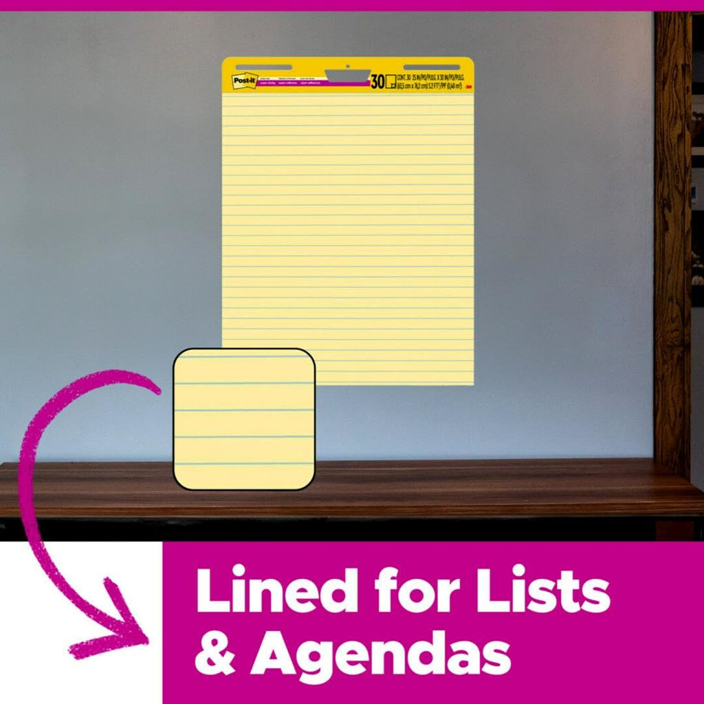 Yellow Lined Self Stick Easel Pad, 25 x 30 Inches, 30 Sheets/Pad, 4 Pads U3034