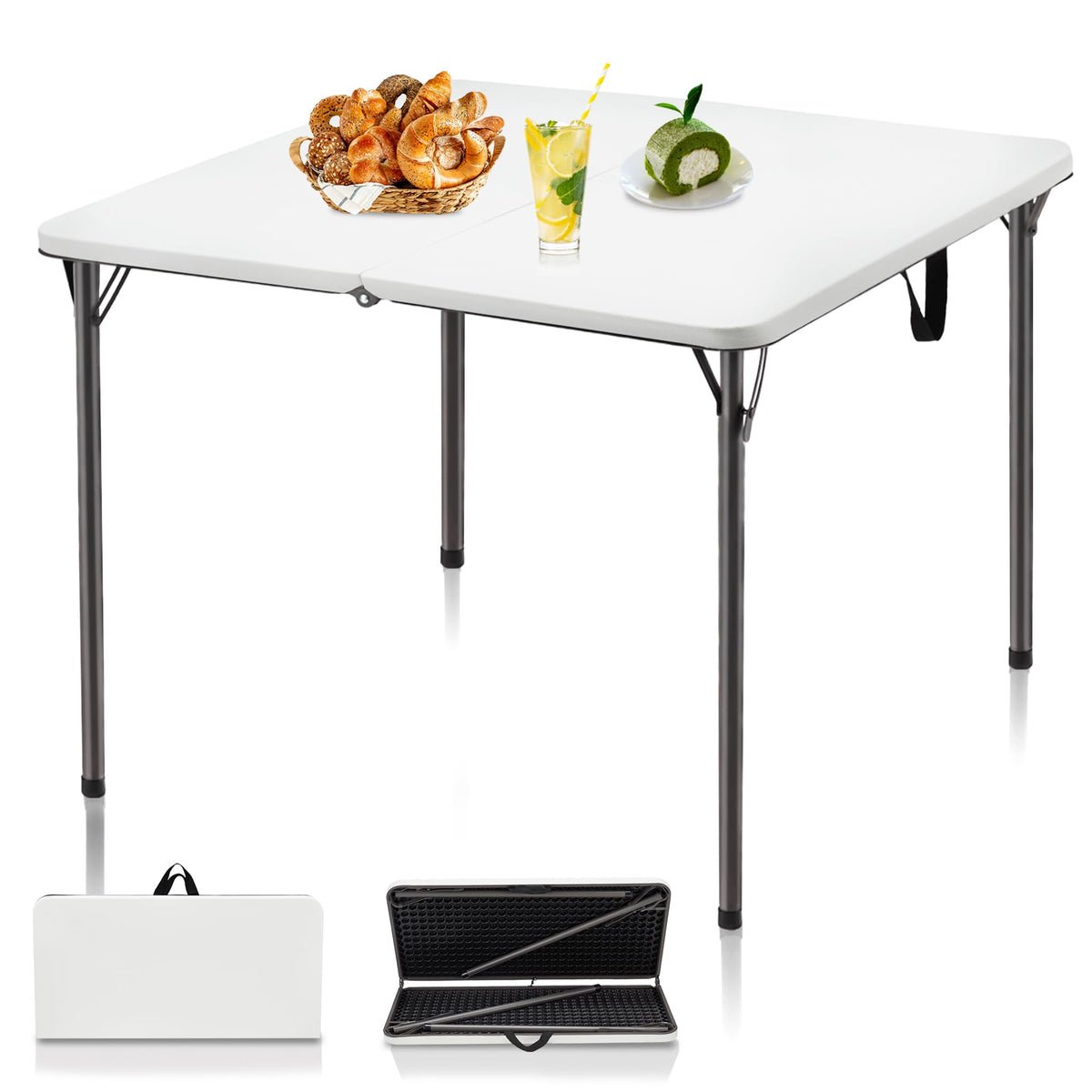 34" White Folding Card Table with Carrying Handle T7841