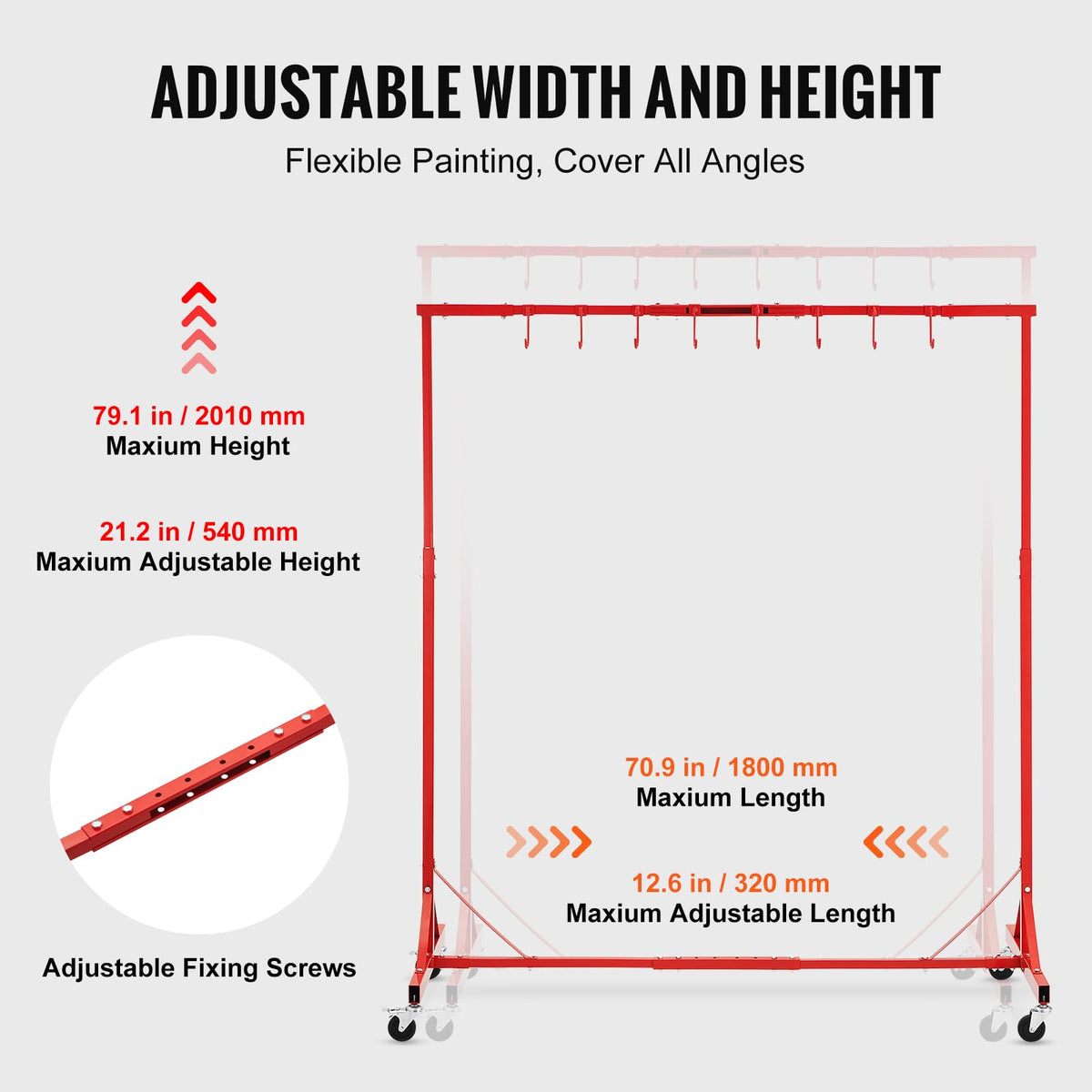 Adjustable Height 66 lbs Capacity Painting Rack with 8 Hooks and 4 Swiveling Wheels P388612