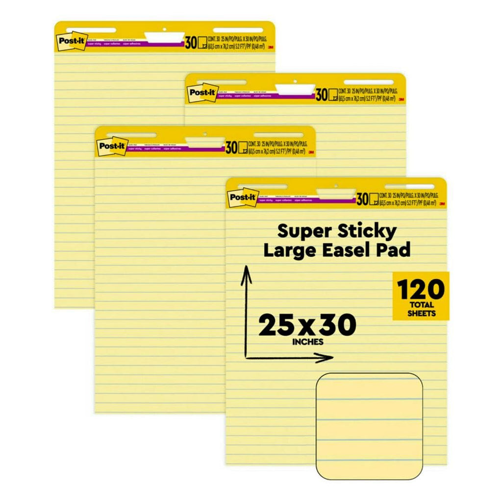 Yellow Lined Self Stick Easel Pad, 25 x 30 Inches, 30 Sheets/Pad, 4 Pads U3034