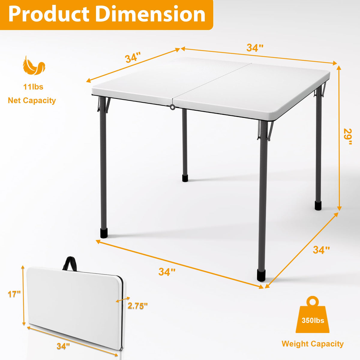 34" White Folding Card Table with Carrying Handle T7841