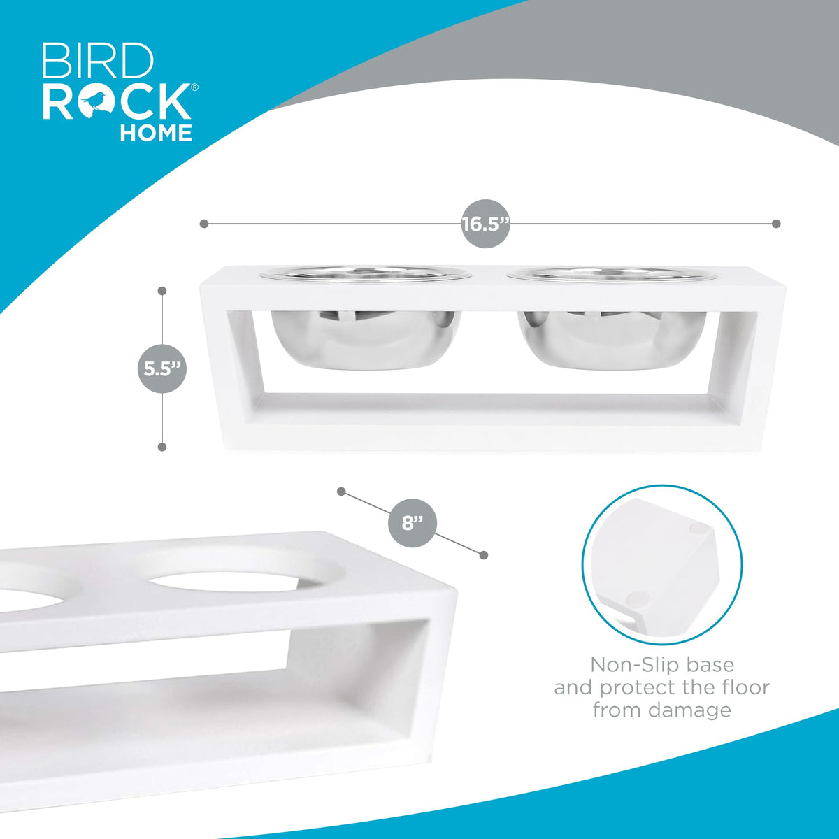White Double Raised Pet Feeder with Stainless Steel Bowls G9662