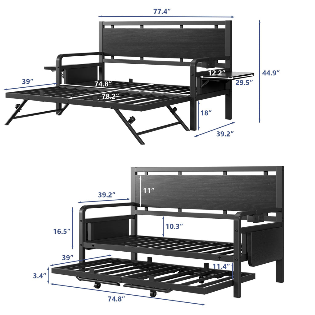 Black Metal Daybed with Trundle and LED Light J580950