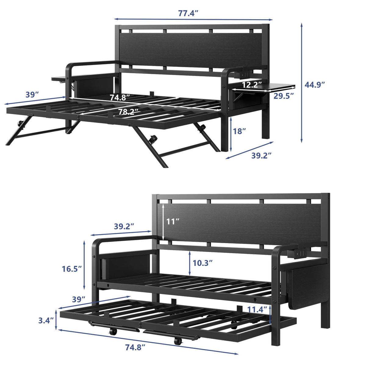 Black Metal Daybed with Trundle and LED Light J580950