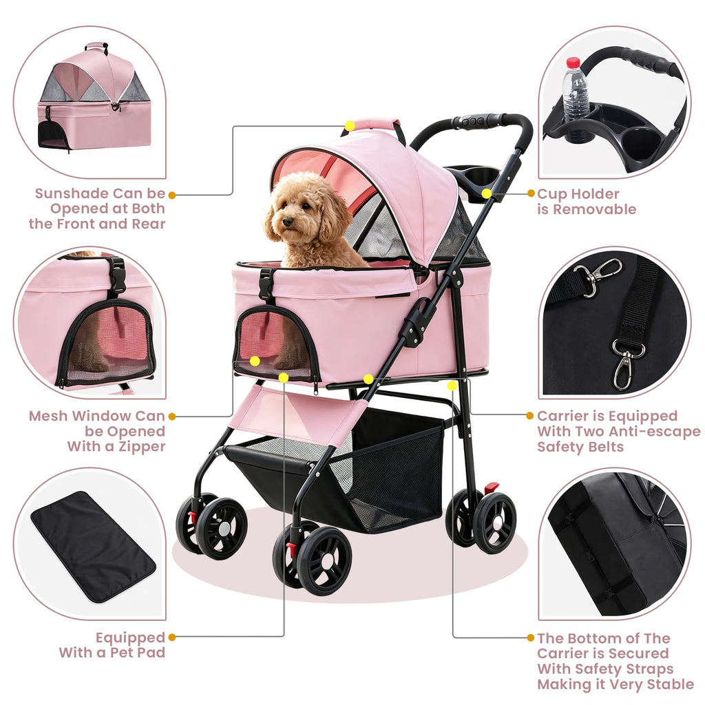 Pink Pet Stroller with Detachable Carrier P632479