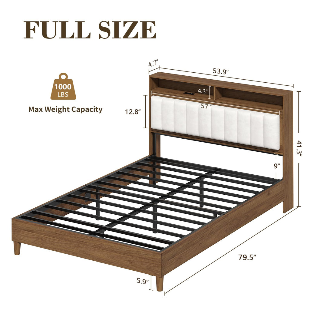 Wood Full Size Bed Frame with Charging Station & LED Lights Y47741