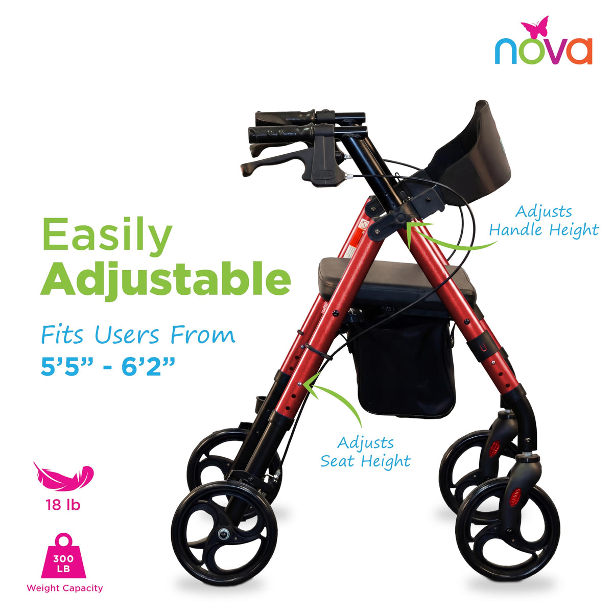 Lightweight Folding Rollator Walker with 8” Wheels, Adjustable Height, Hand Brakes, Padded Seat & Backrest, Red O736437