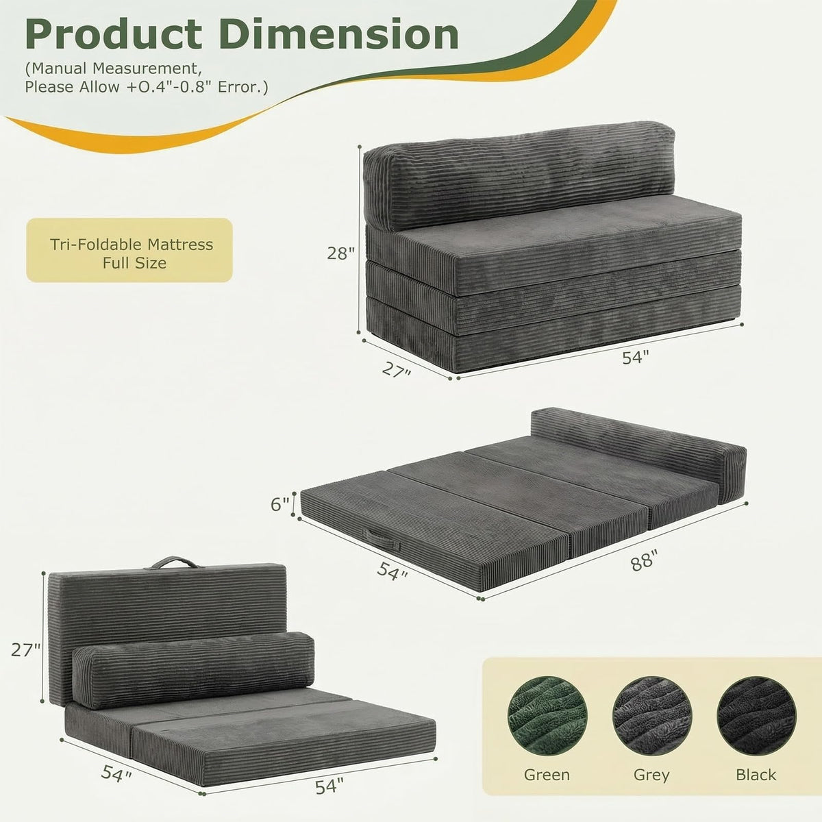 6 inch Tri-Folding Full Size Grey Mattress Y9374