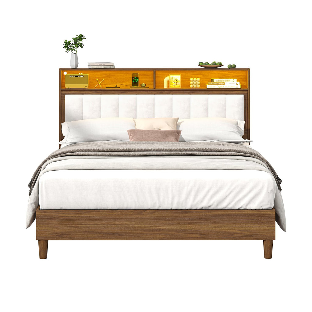 Wood Full Size Bed Frame with Charging Station & LED Lights Y47741