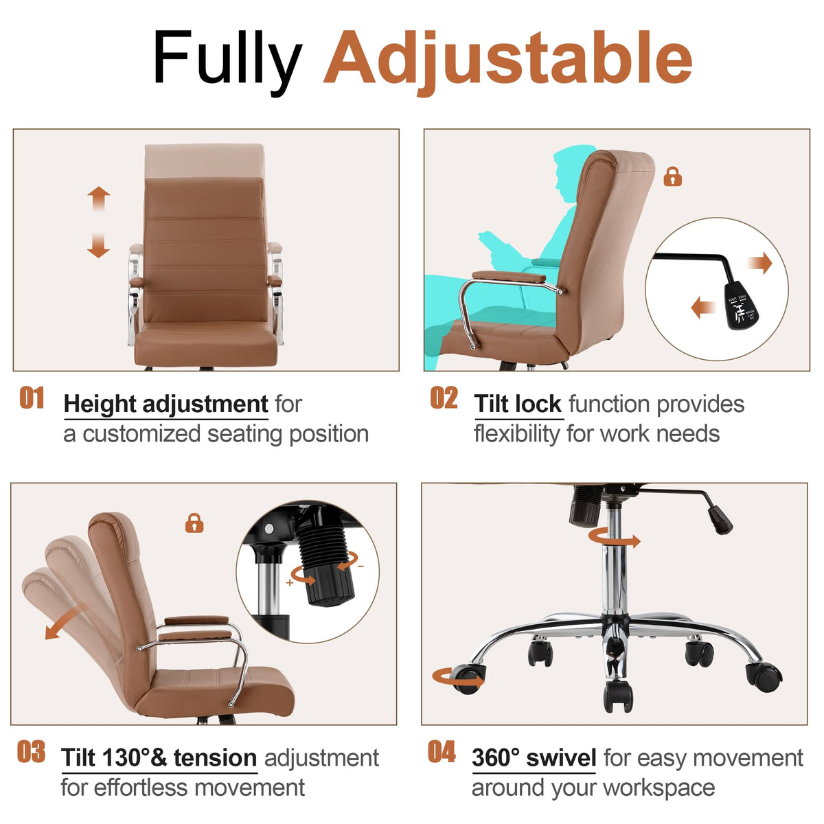 Brown Leather High Back Office Chair with Armrest E495442