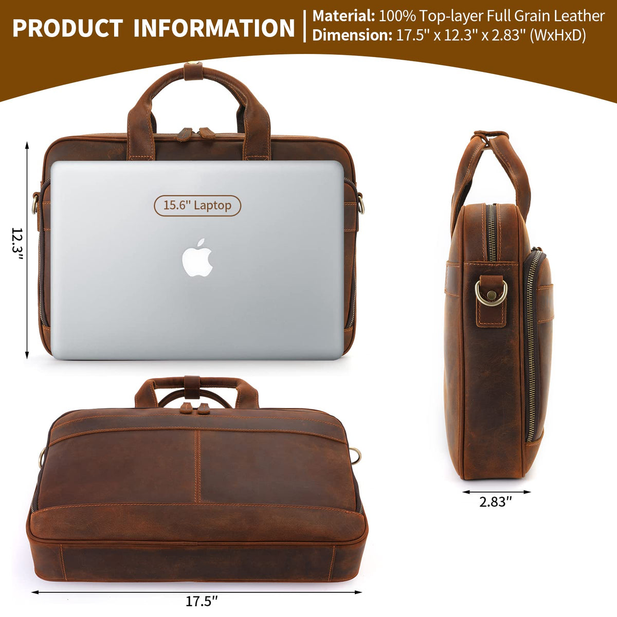 Full Grain Leather Briefcase Fits 15.6 Inch Laptop N17896