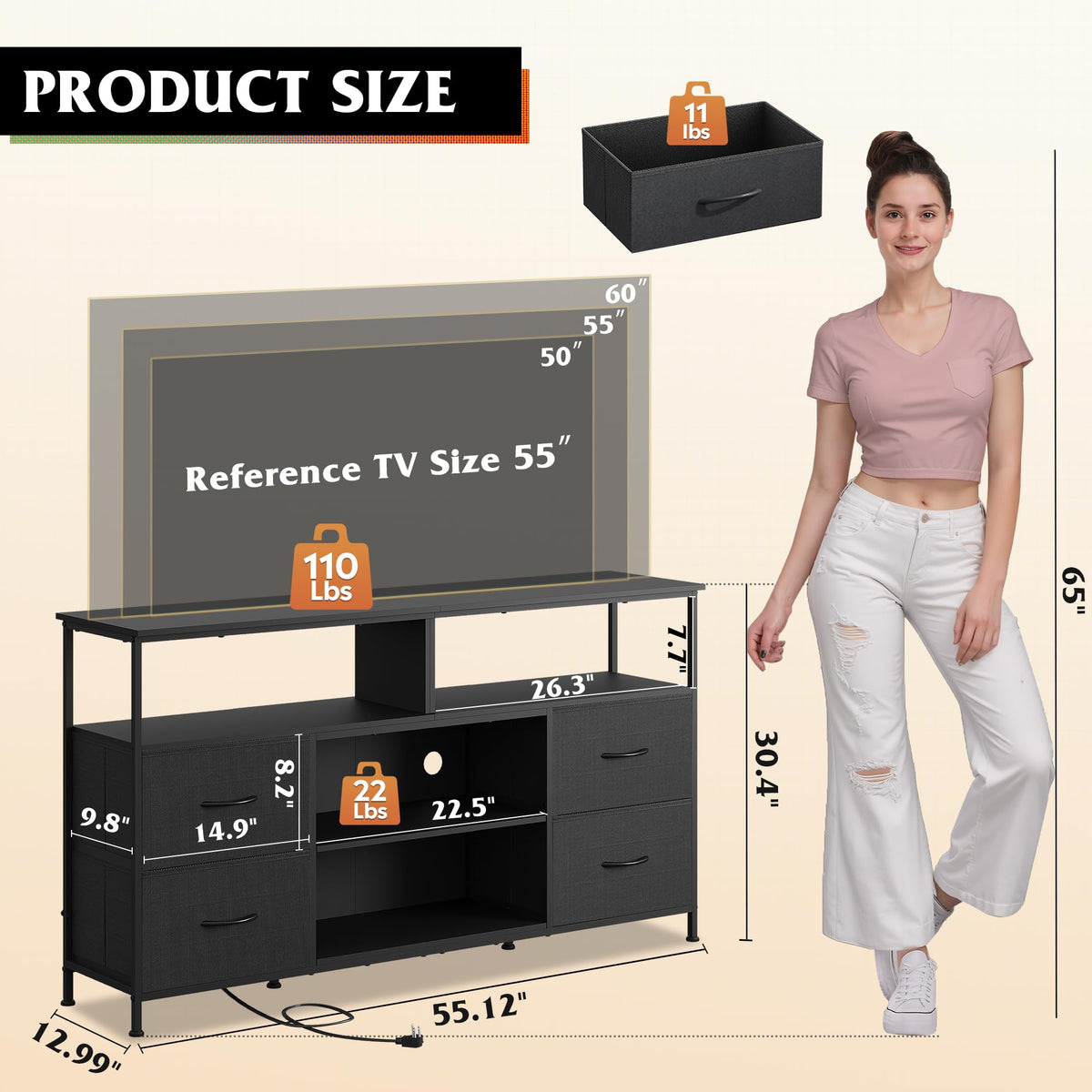 Black TV Stand Dresser with LED Lights and Fabric Drawers O477414