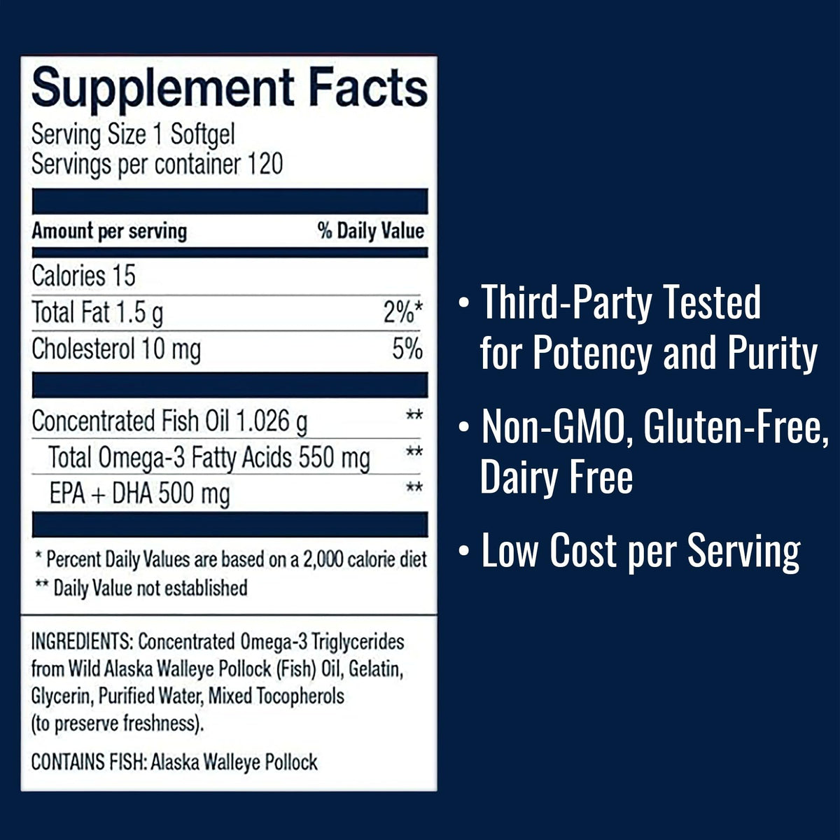 Omega-3 Fish Oil 550mg 120 Servings Wild Caught Alaska Pollock Triglyceride Form G700