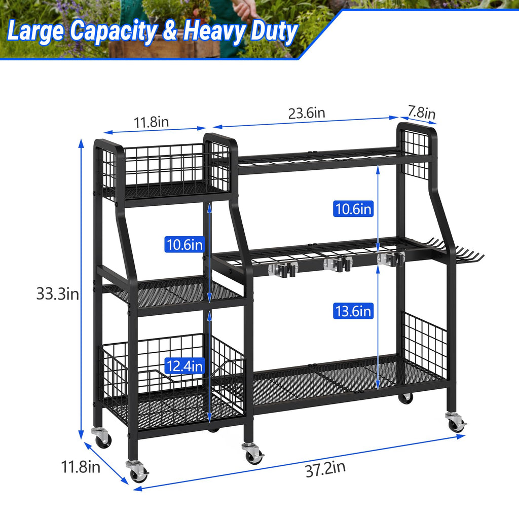 Heavy-Duty Garden Tool Organizer with 6 Wheels and 2 Baskets Y52778