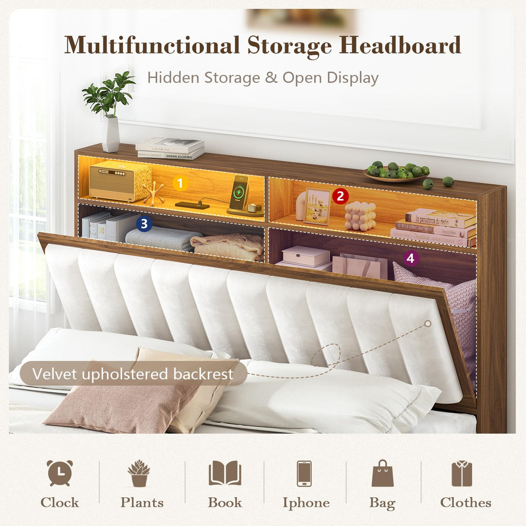 Wood Full Size Bed Frame with Charging Station & LED Lights Y47741
