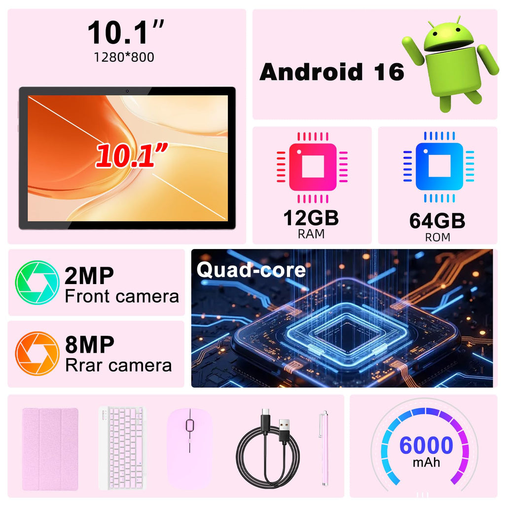Android 16 10 Inch Tablet 12GB RAM 64GB ROM Pink G86494