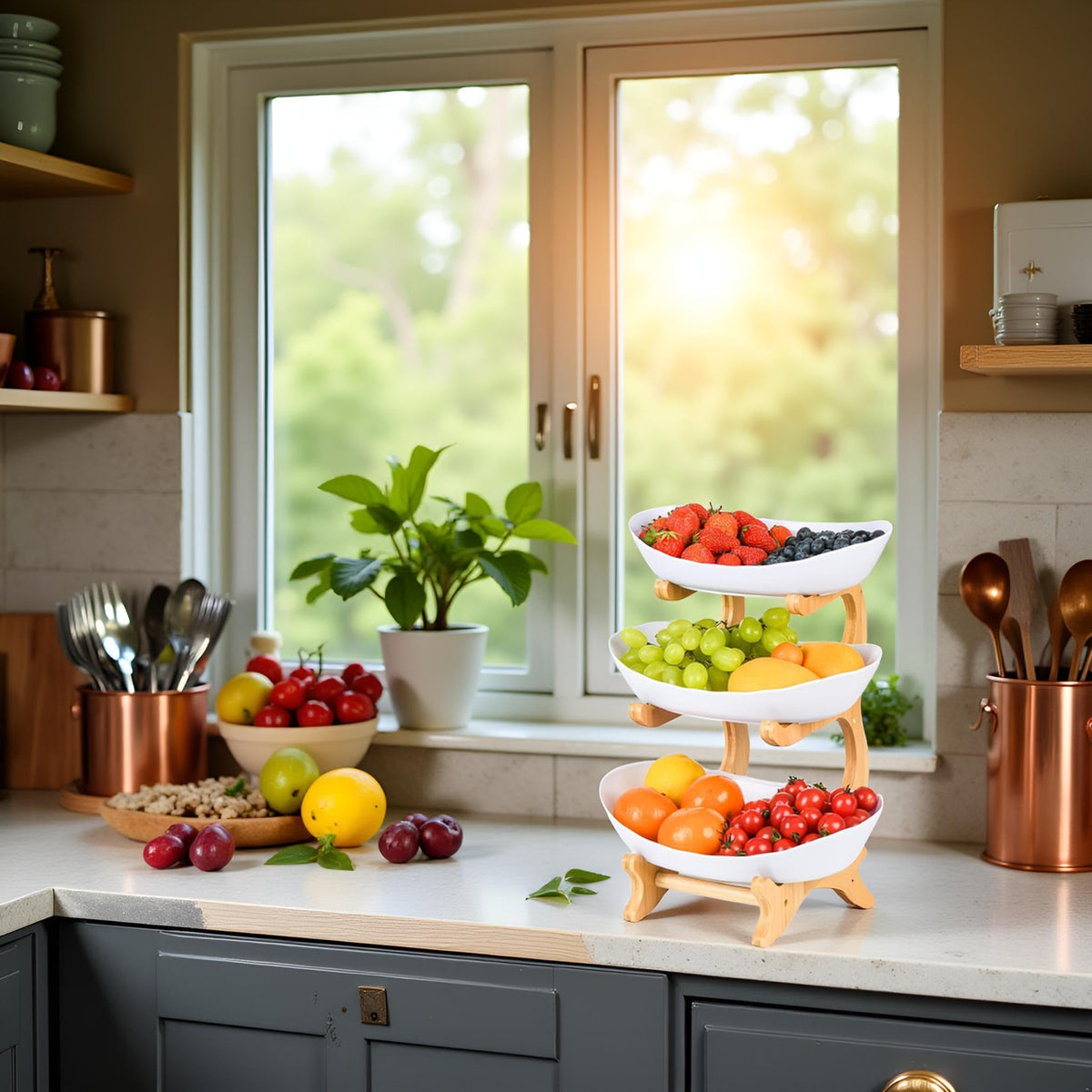 3 Tier Plastic Fruit Bowl with Bamboo Stand K72792