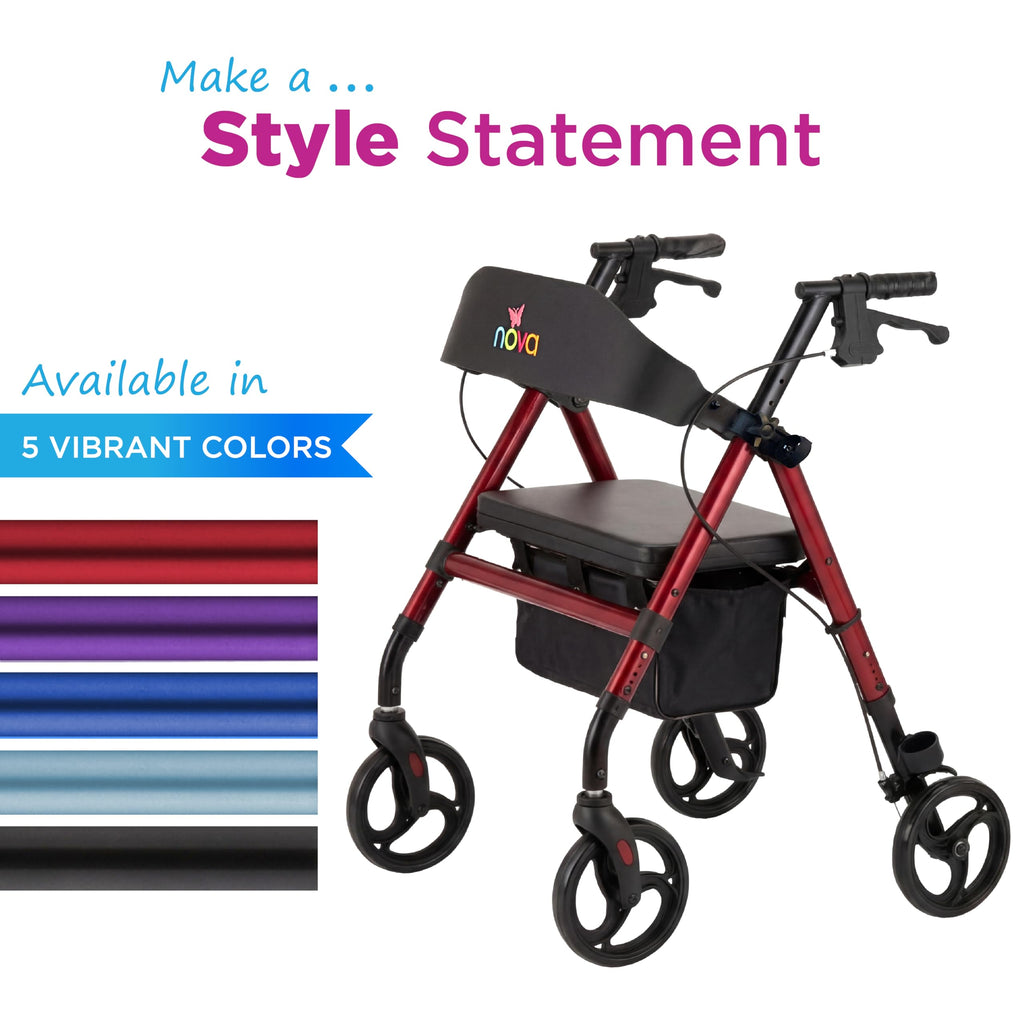 Lightweight Folding Rollator Walker with 8” Wheels, Adjustable Height, Hand Brakes, Padded Seat & Backrest, Red O736437