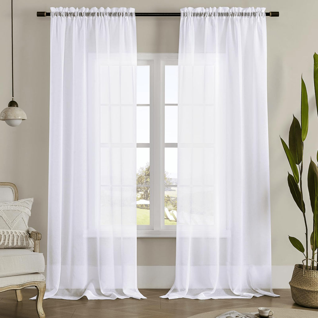 White 95 Inches Long Rod Pocket Sheer Curtains Set of 2 A165