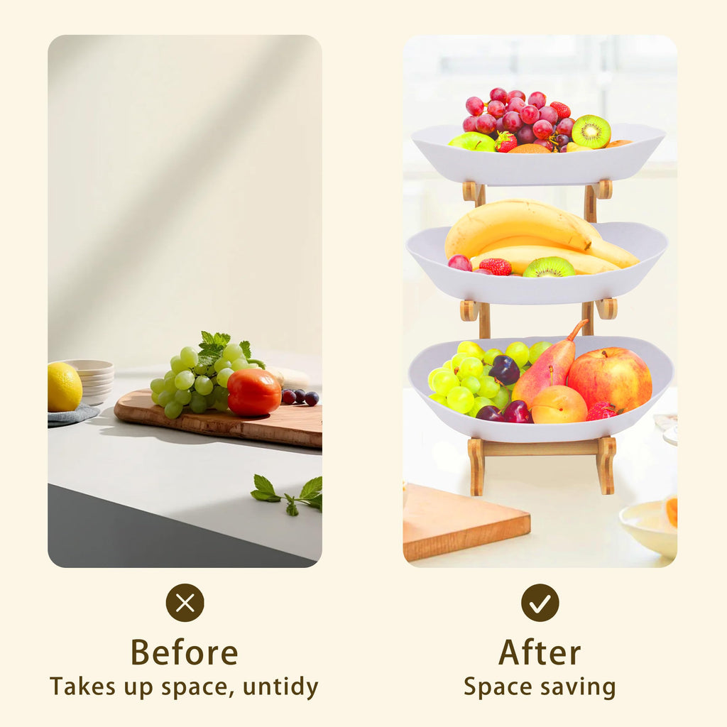 3 Tier Plastic Fruit Bowl with Bamboo Stand K72792