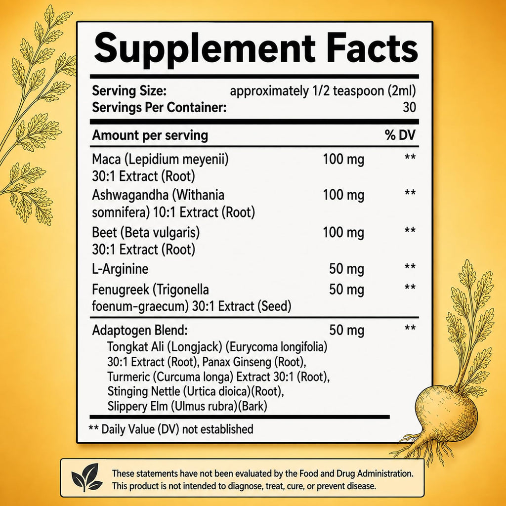 Maca Root Liquid Supplement with Ashwagandha, Fenugreek, Beet Root & L-Arginine, 2 fl oz C819551