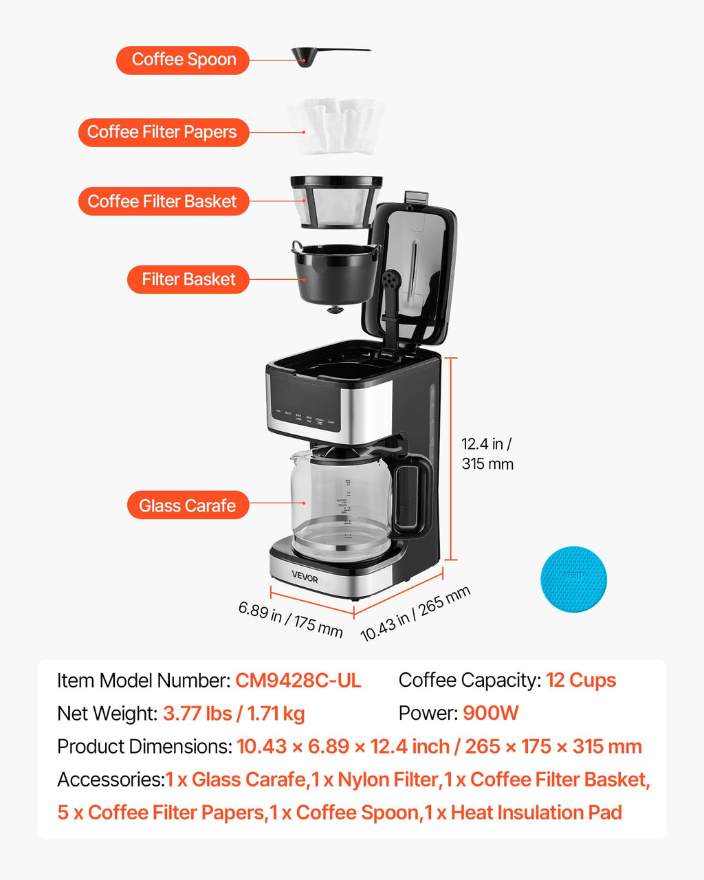 12 Cup Programmable Drip Coffee Maker with Touch Screen I7617
