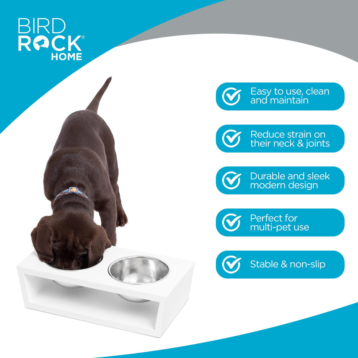 White Double Raised Pet Feeder with Stainless Steel Bowls G9662