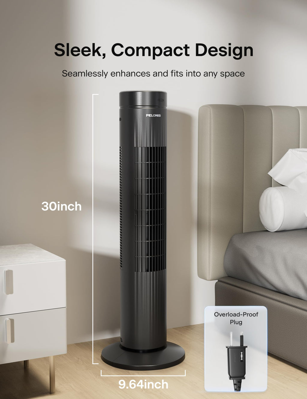 30-Inch Oscillating Tower Fan, 3 Speed, Black K714