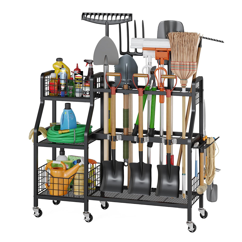 Heavy-Duty Garden Tool Organizer with 6 Wheels and 2 Baskets Y52778