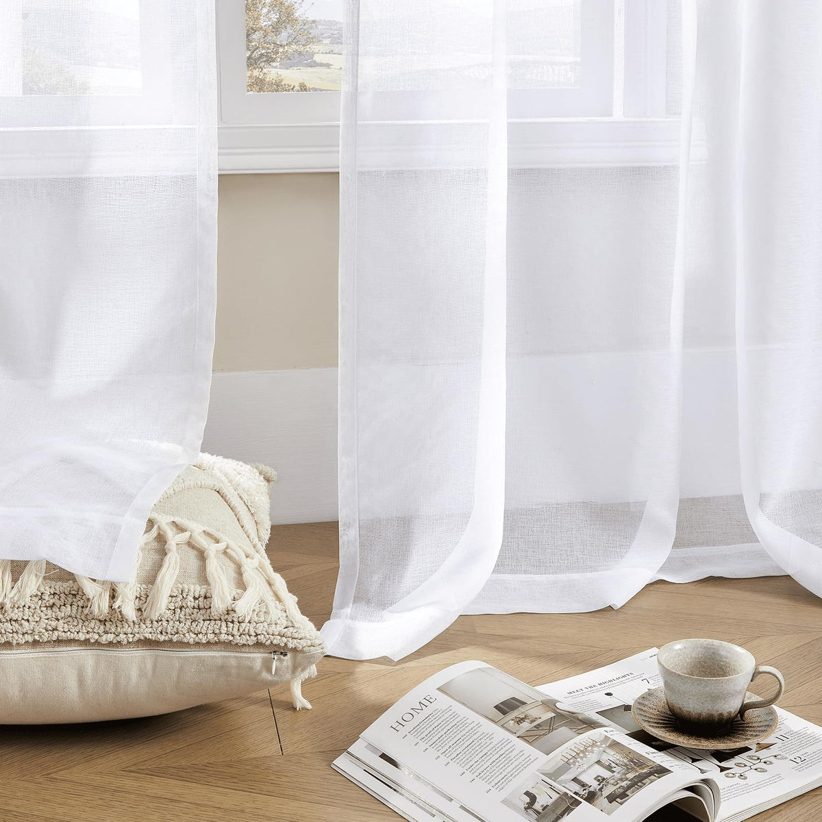 White 95 Inches Long Rod Pocket Sheer Curtains Set of 2 A165