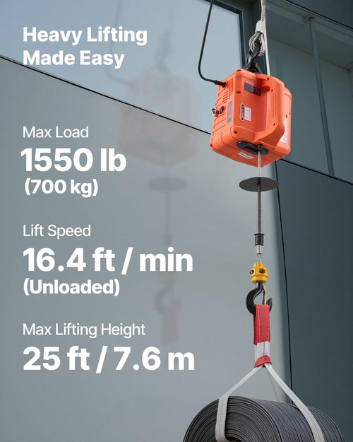 1500W 1550 lbs Electric Hoist Winch with Wired and Wireless Remote Control J1667