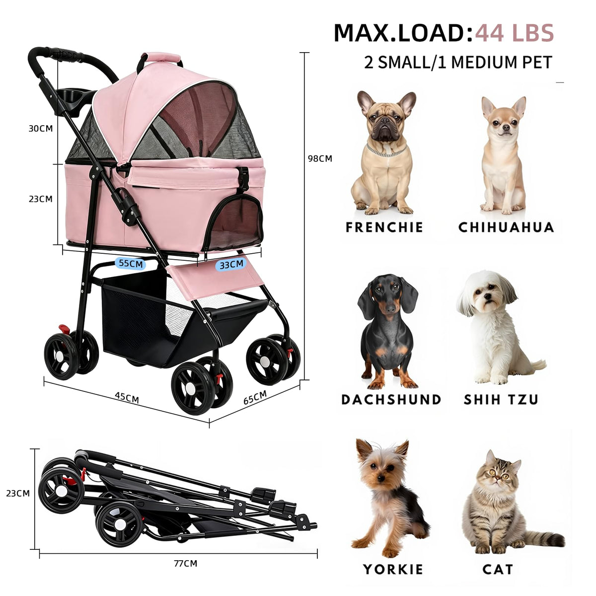 Pink Pet Stroller with Detachable Carrier P632479