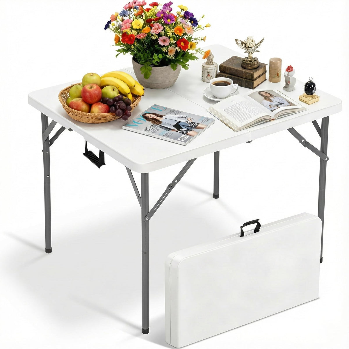 34" Folding Card Table Heavy Duty Plastic Square Table with Handle and Lock E760