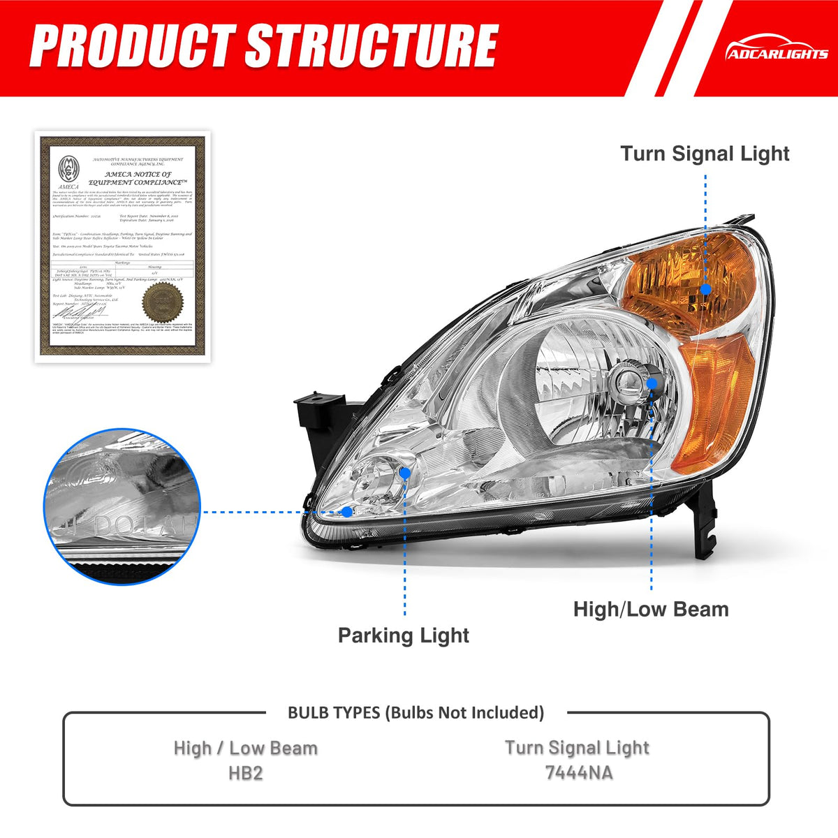Headlamp Assembly with Chrome Housing Amber Reflector Driver and Passenger Sides X502913