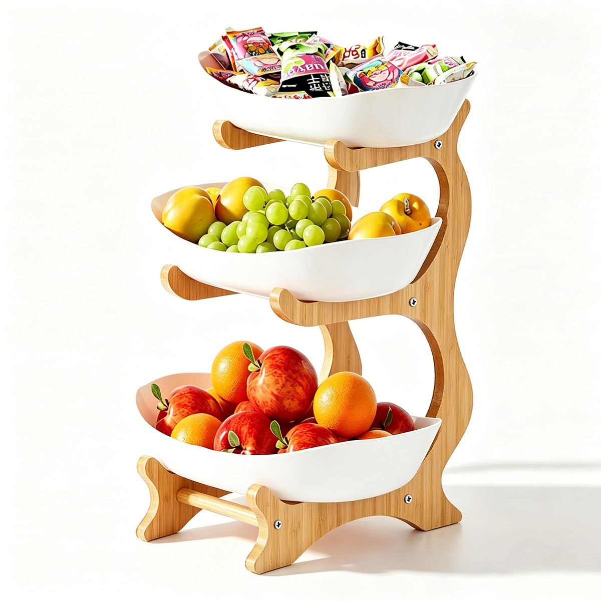 3 Tier Plastic Fruit Bowl with Bamboo Stand K72792