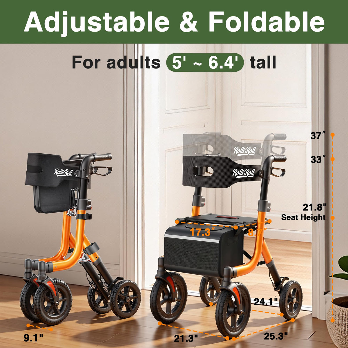 Orange Foldable All Terrain Rollator Walker with Seat A54904