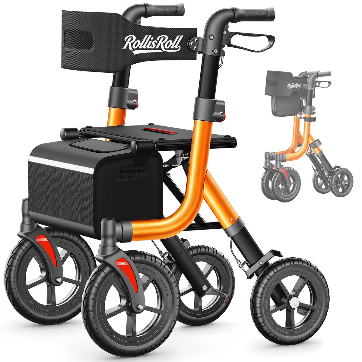 Orange Foldable All Terrain Rollator Walker with Seat A54904