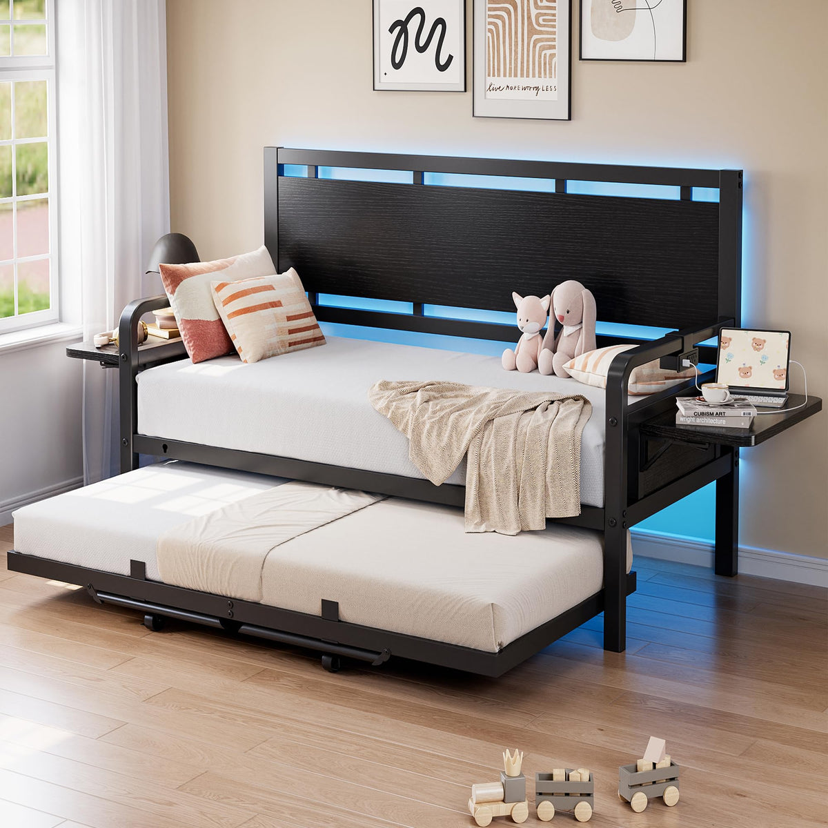 Black Metal Daybed with Trundle and LED Light J580950