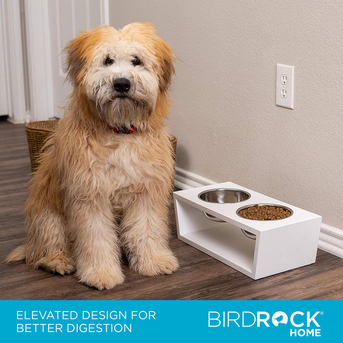 White Double Raised Pet Feeder with Stainless Steel Bowls G9662